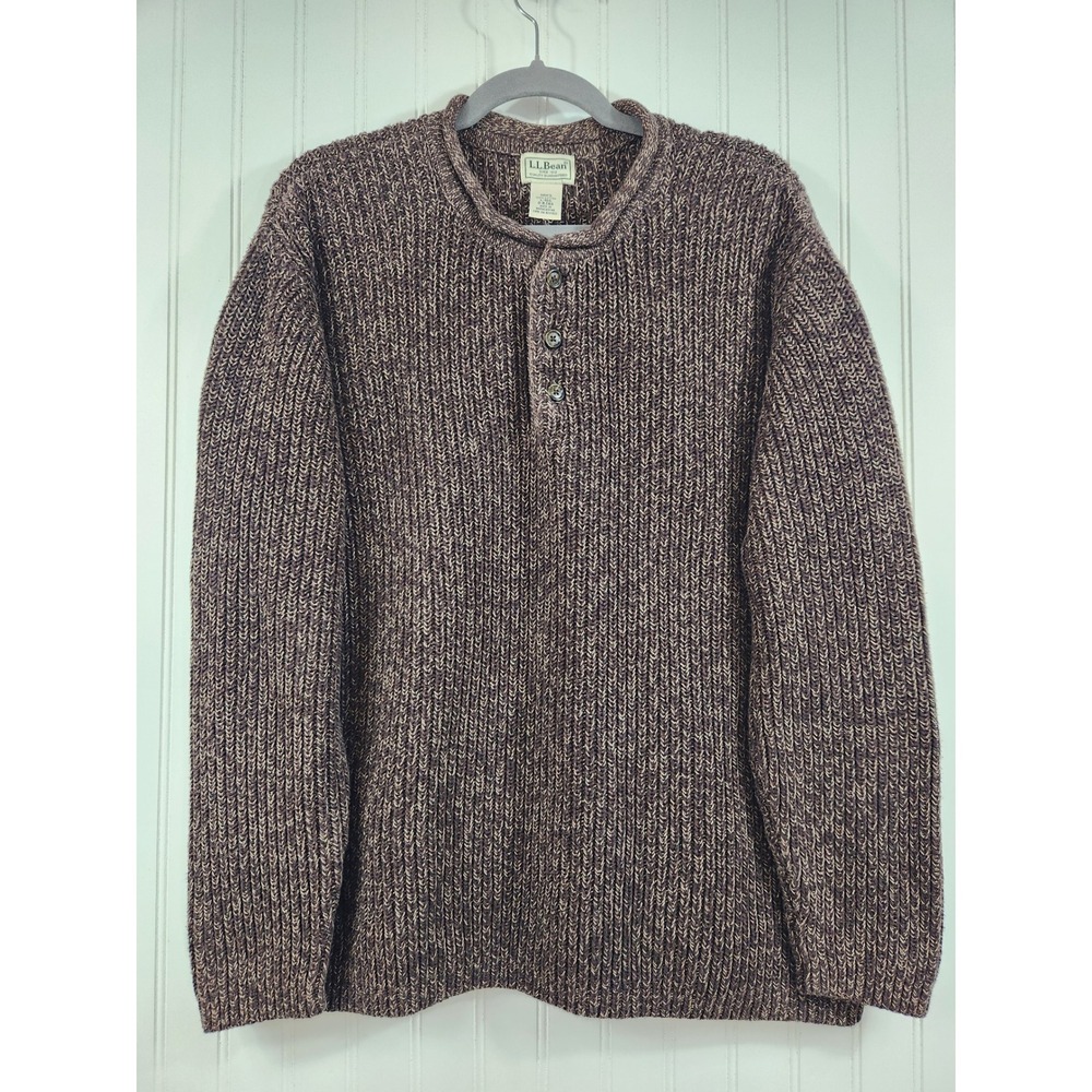 LL Bean Men Brown Marled Cotton Chunky Knit Henley Sweater L Cozy 1/4 Button-Up